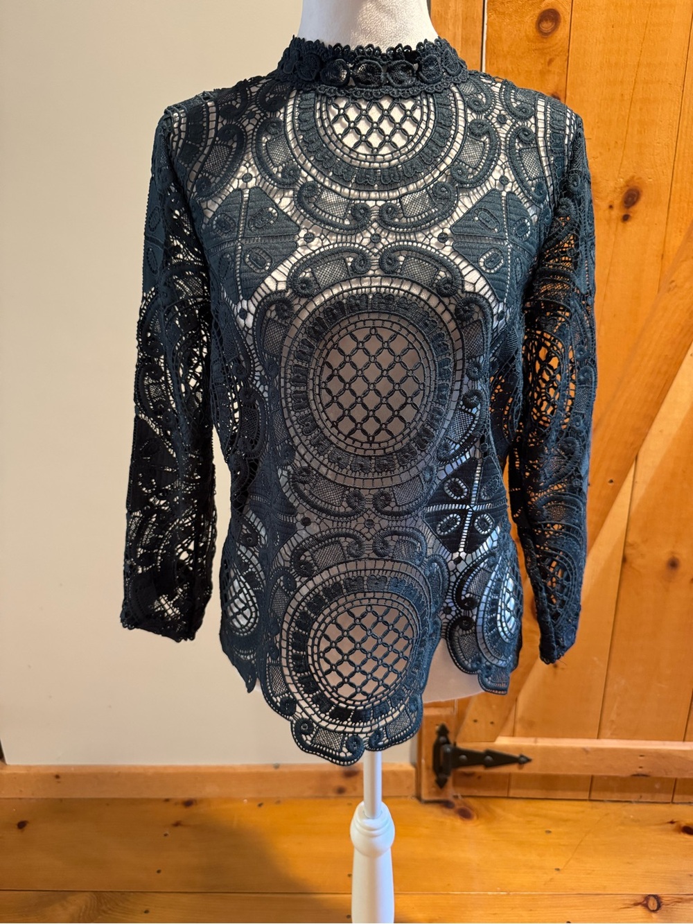 Anthropologie Dark Green Lace High-Neck Long Sleeve Top, M